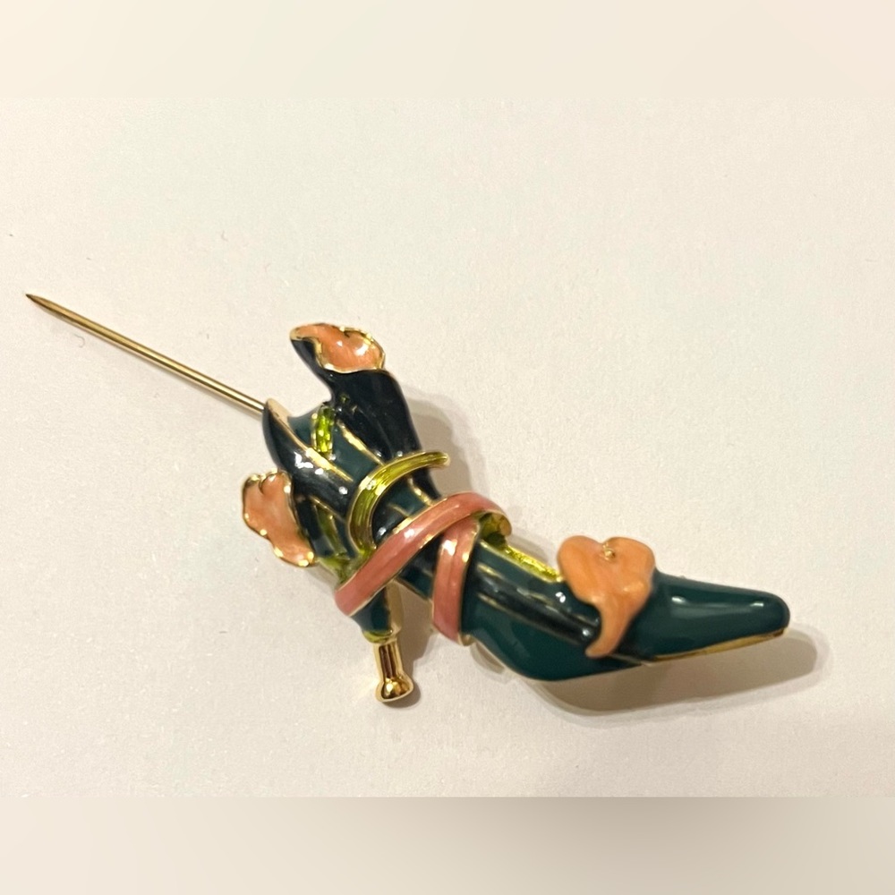 KLJ Kenneth Jay Lane Gold Tone with Green and Pink Enamel High Heel Shoe Brooch